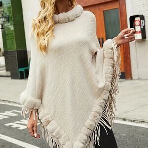 Elegant Faux Trim Fringe Poncho - Apricot - Size L (8/10)